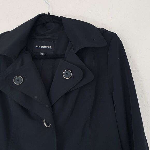 London Fog Women M Black Trench Coat  Button Front Hooded Classic Chic Travel - Picture 3 of 13